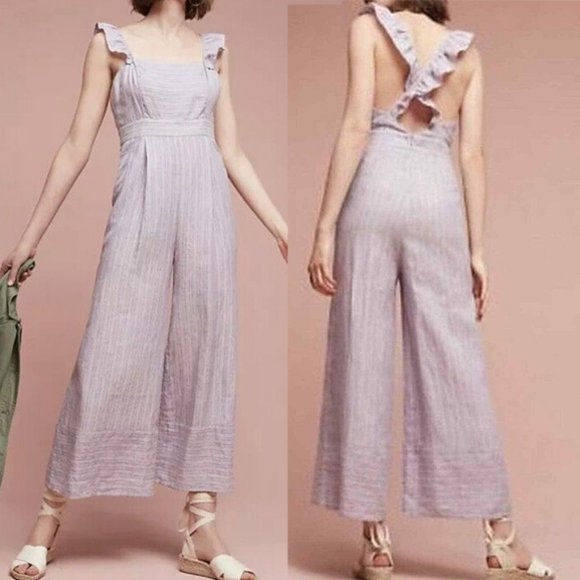 Anthropologie Elevenses Linen Nantucket Ruffle Wide Leg Jumpsuit Lavender $148 - Picture 2 of 16